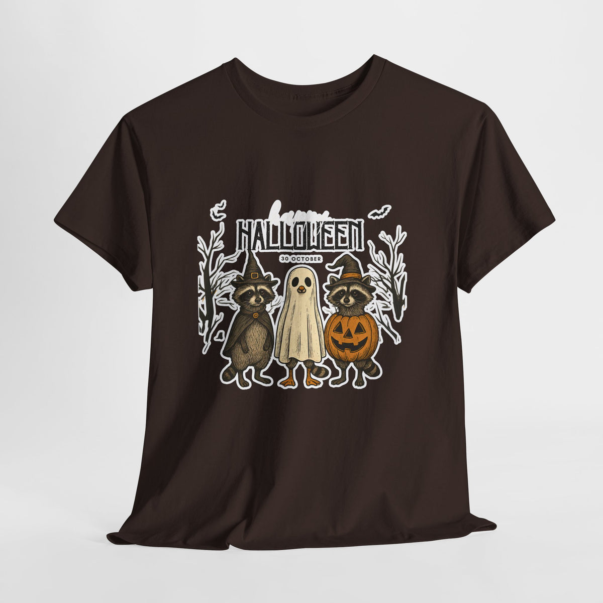 Halloween Raccoon Ghost Pumpkin T‑Shirt — Cute Spooky Costume Trio Tee