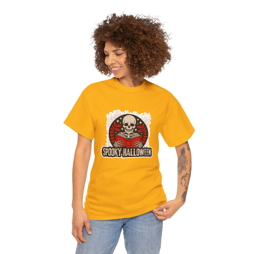 Spooky Halloween Skull Tee — Vintage Skeleton Reading Book Halloween T-Shirt