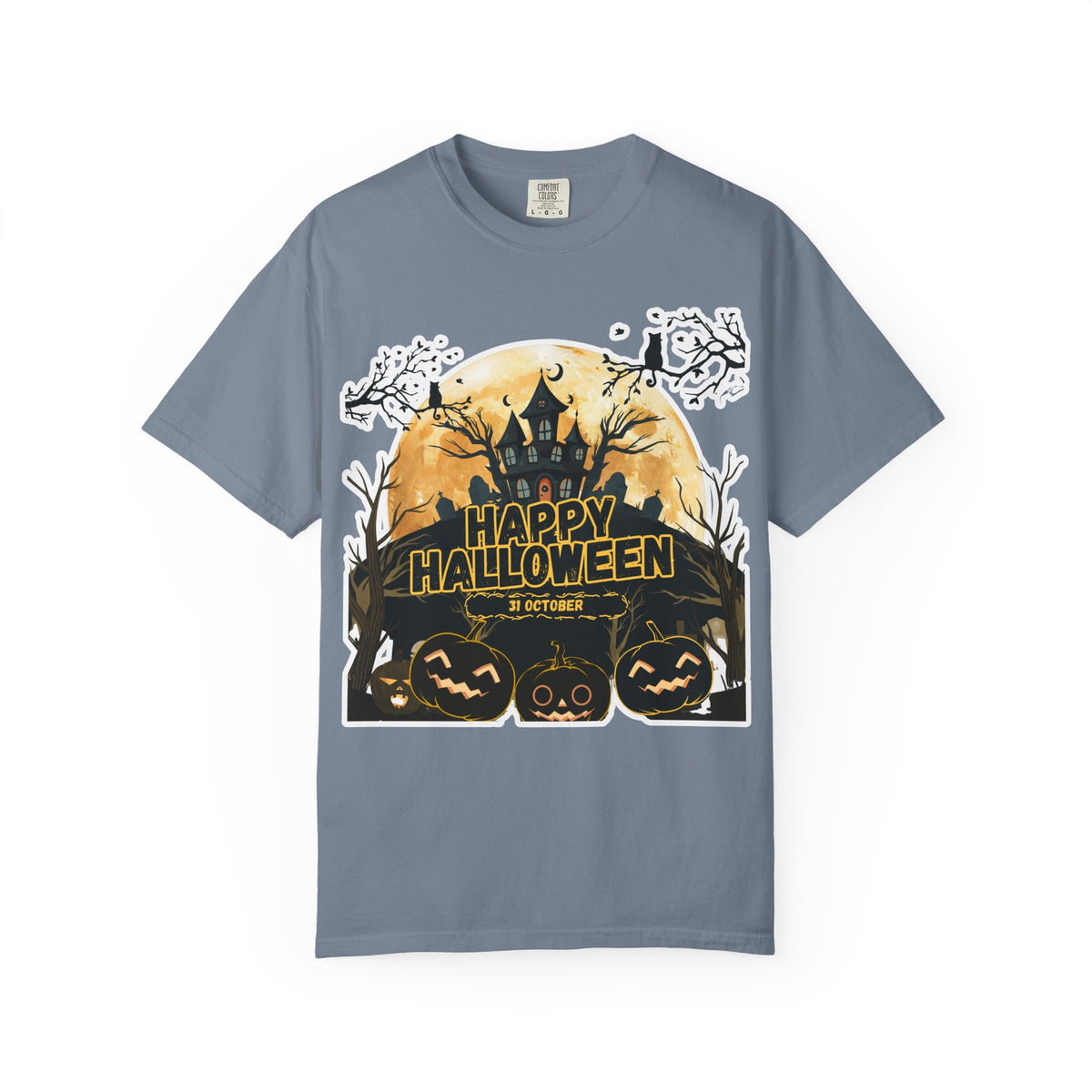 Halloween Haunted House T-Shirt — "Happy Halloween" Pumpkin Graphic Tee