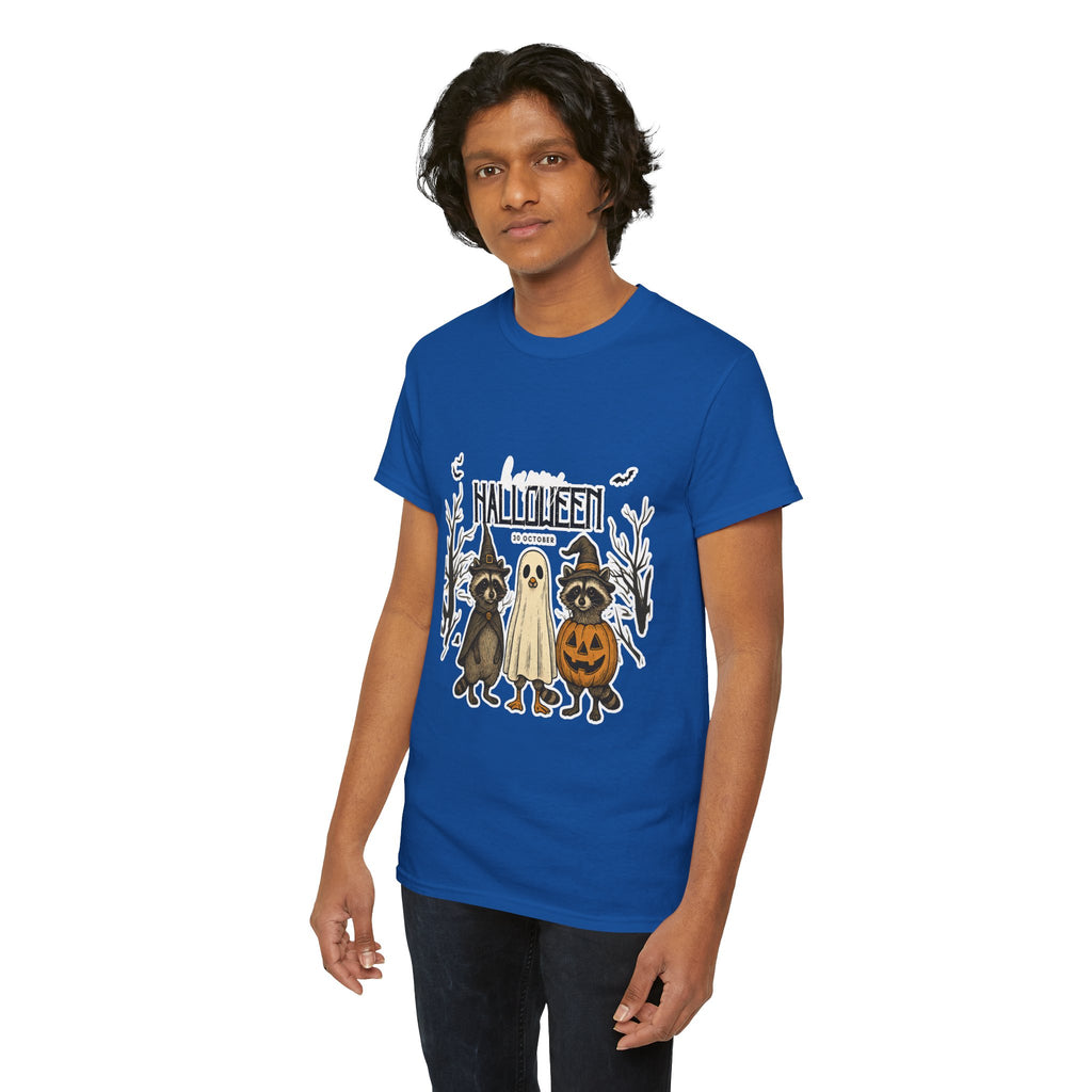 Halloween Raccoon Ghost Pumpkin T‑Shirt — Cute Spooky Costume Trio Tee
