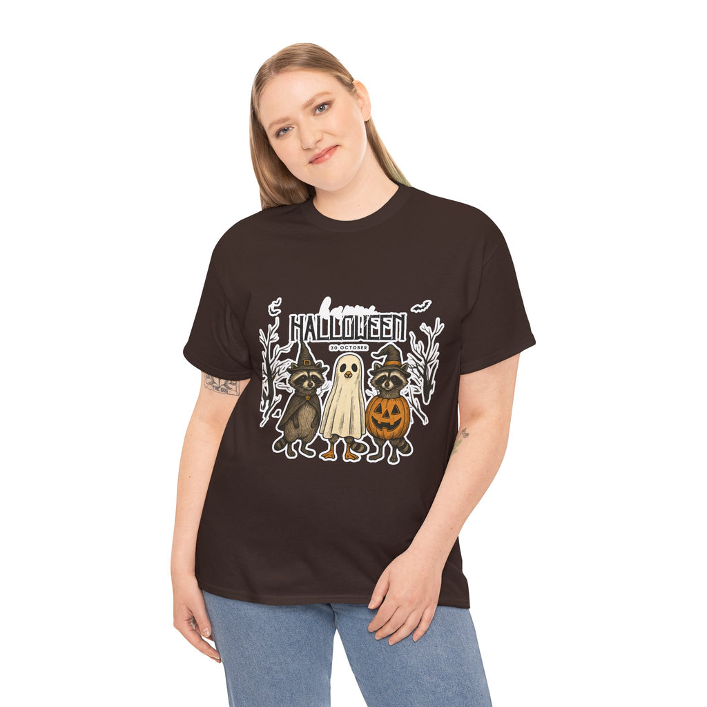 Halloween Raccoon Ghost Pumpkin T‑Shirt — Cute Spooky Costume Trio Tee