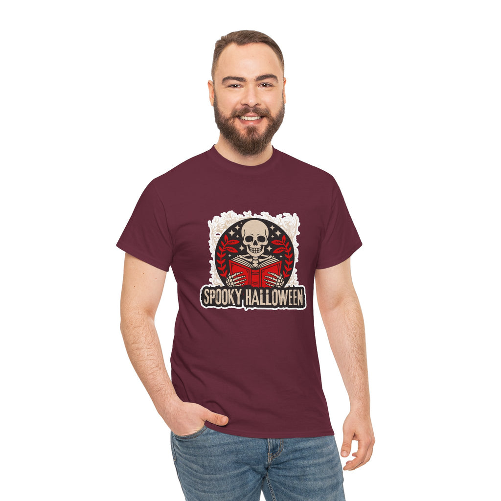 Spooky Halloween Skull Tee — Vintage Skeleton Reading Book Halloween T-Shirt