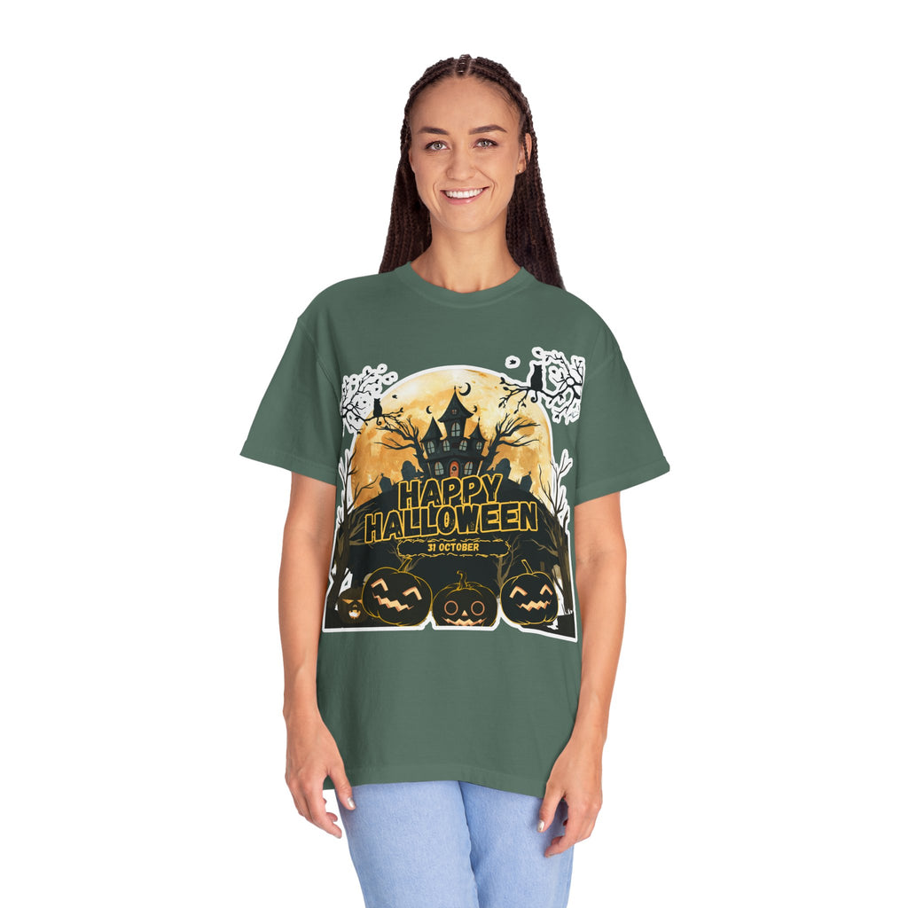 Halloween Haunted House T-Shirt — "Happy Halloween" Pumpkin Graphic Tee