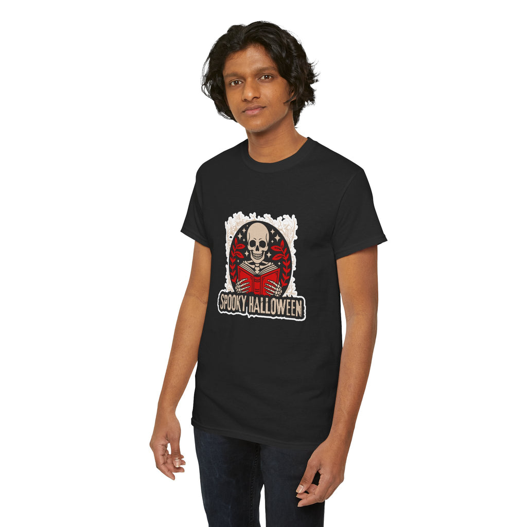 Spooky Halloween Skull Tee — Vintage Skeleton Reading Book Halloween T-Shirt