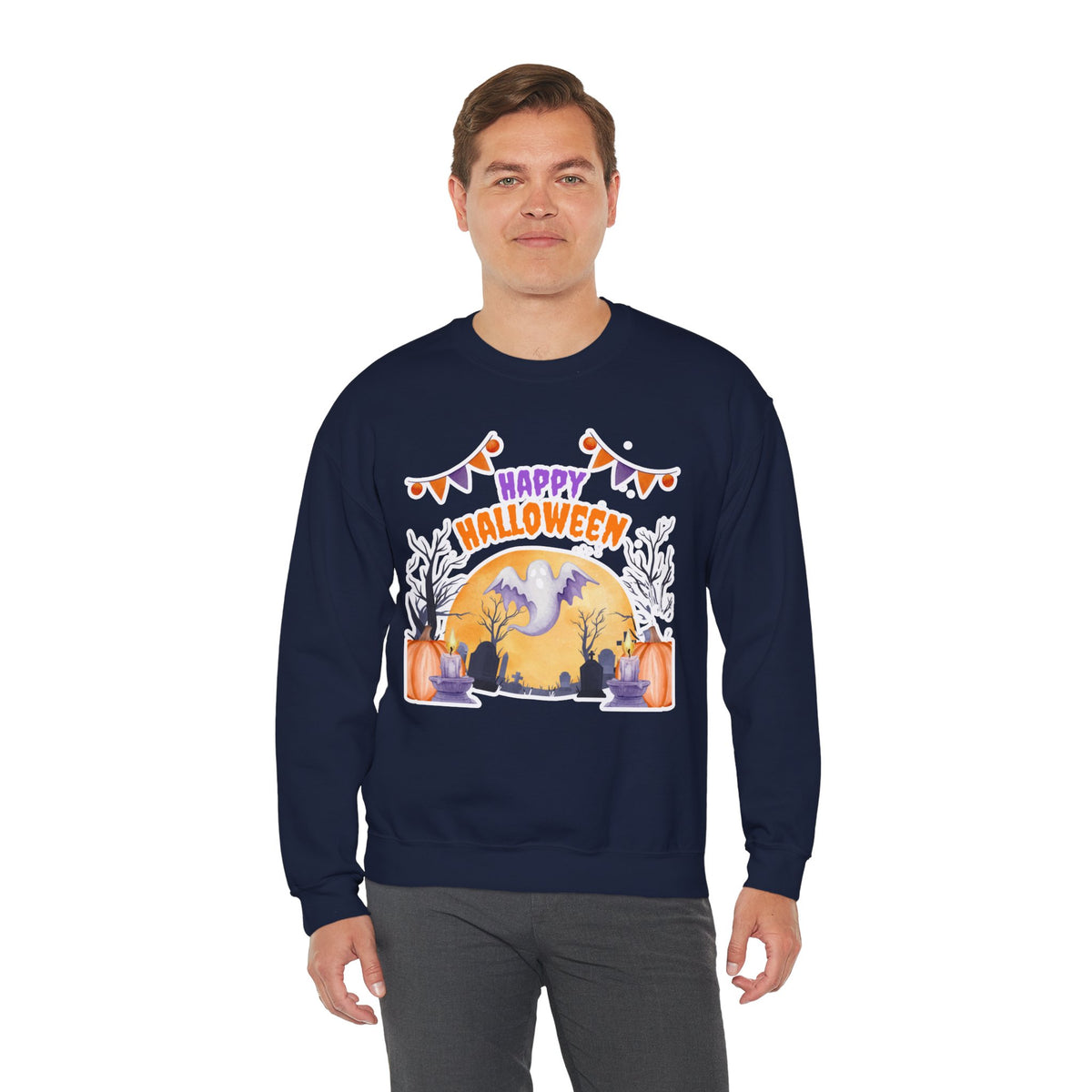Happy Halloween Crewneck Sweatshirt — Cute Ghost Pumpkin Halloween Sweater
