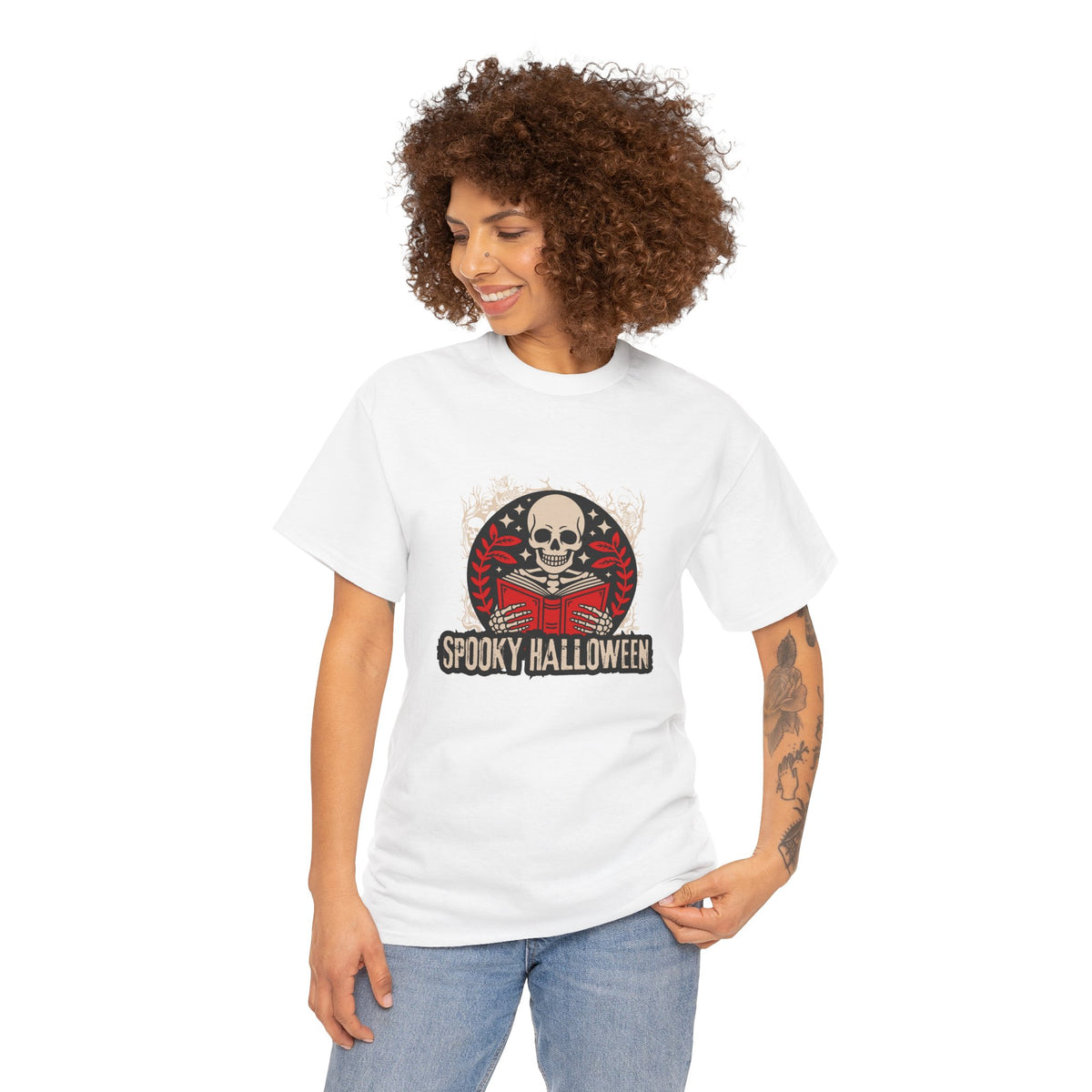 Spooky Halloween Skull Tee — Vintage Skeleton Reading Book Halloween T-Shirt