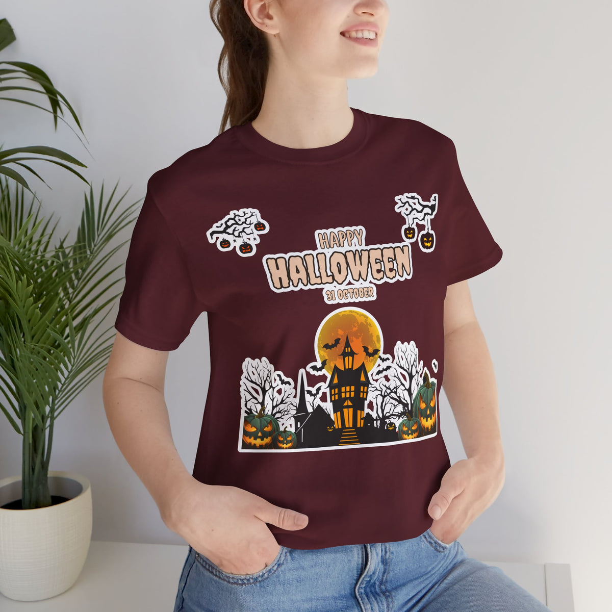Halloween Haunted House T-Shirt — "Happy Halloween" Pumpkin Spooky Tee