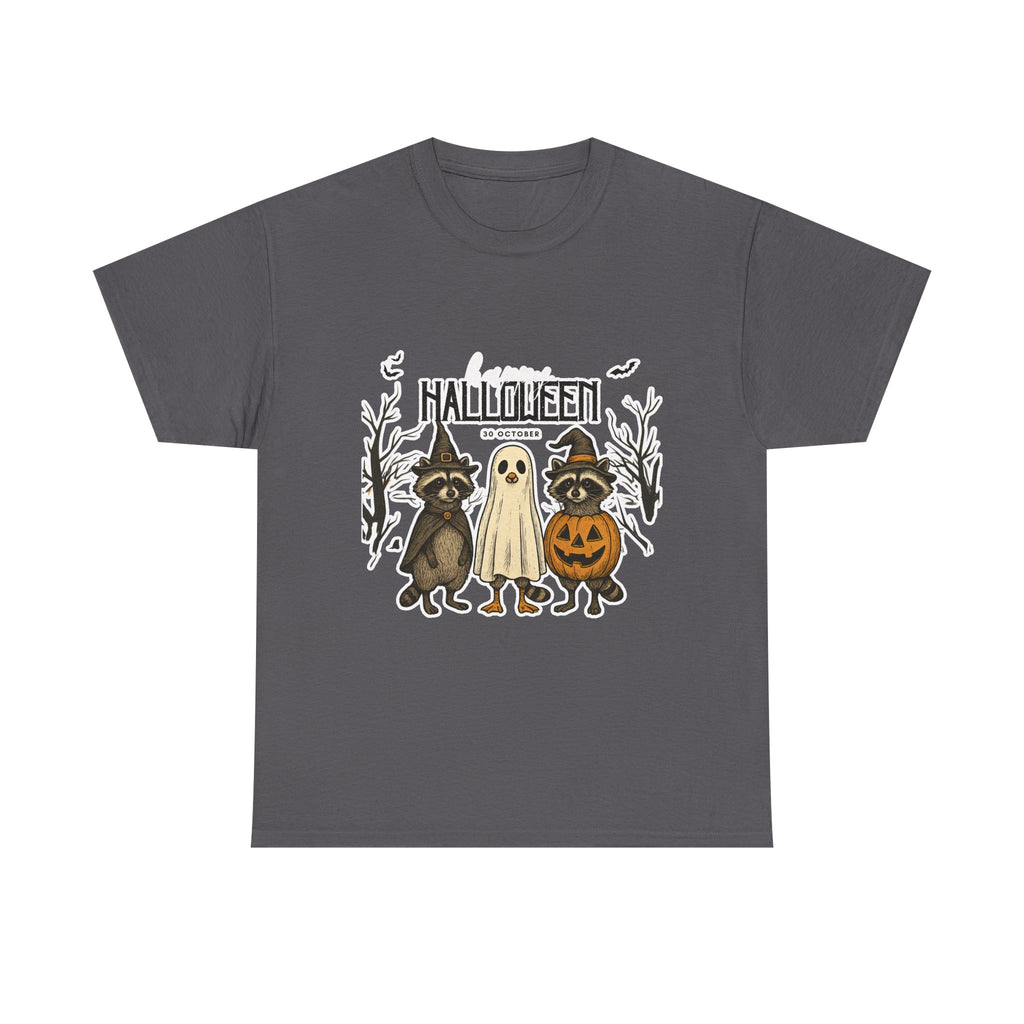 Halloween Raccoon Ghost Pumpkin T‑Shirt — Cute Spooky Costume Trio Tee