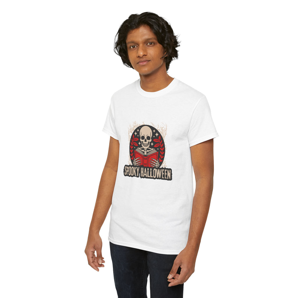 Spooky Halloween Skull Tee — Vintage Skeleton Reading Book Halloween T-Shirt