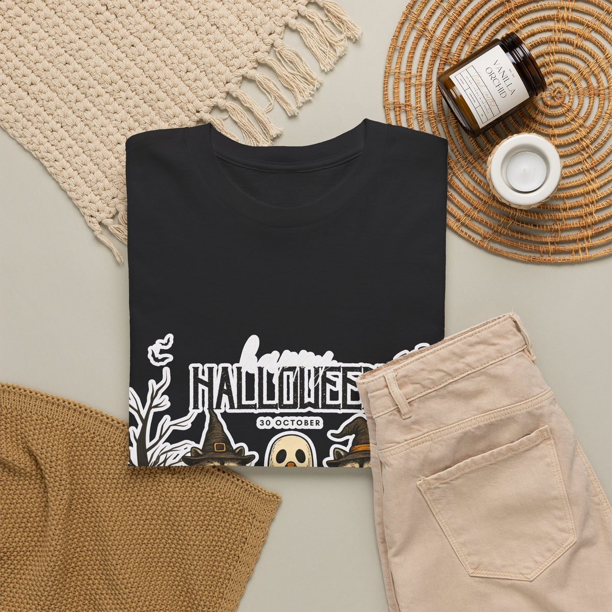 Halloween Raccoon Ghost Pumpkin T‑Shirt — Cute Spooky Costume Trio Tee