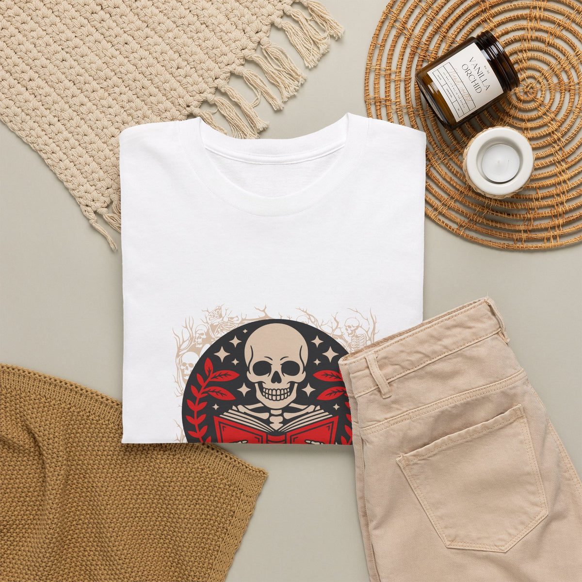 Spooky Halloween Skull Tee — Vintage Skeleton Reading Book Halloween T-Shirt