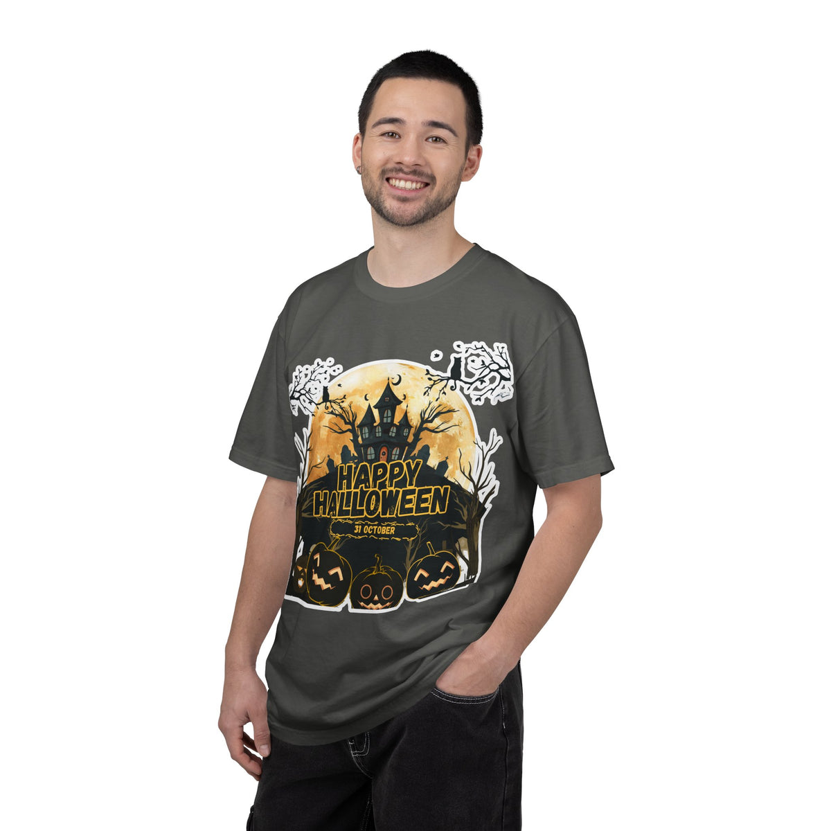 Halloween Haunted House T-Shirt — "Happy Halloween" Pumpkin Graphic Tee
