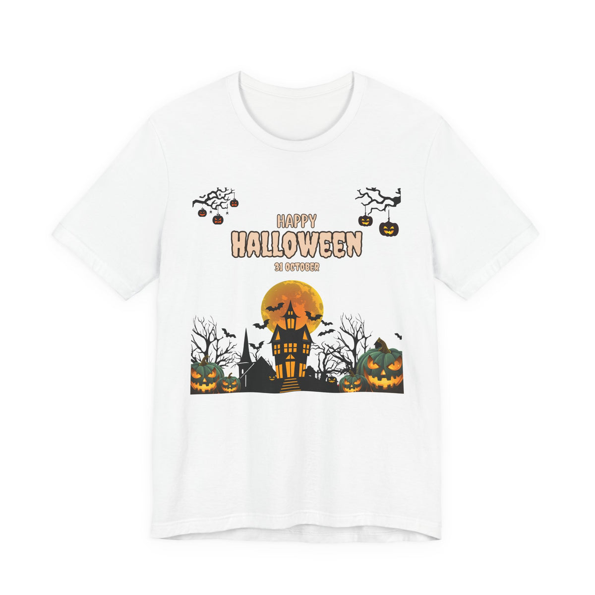 Halloween Haunted House T-Shirt — "Happy Halloween" Pumpkin Spooky Tee