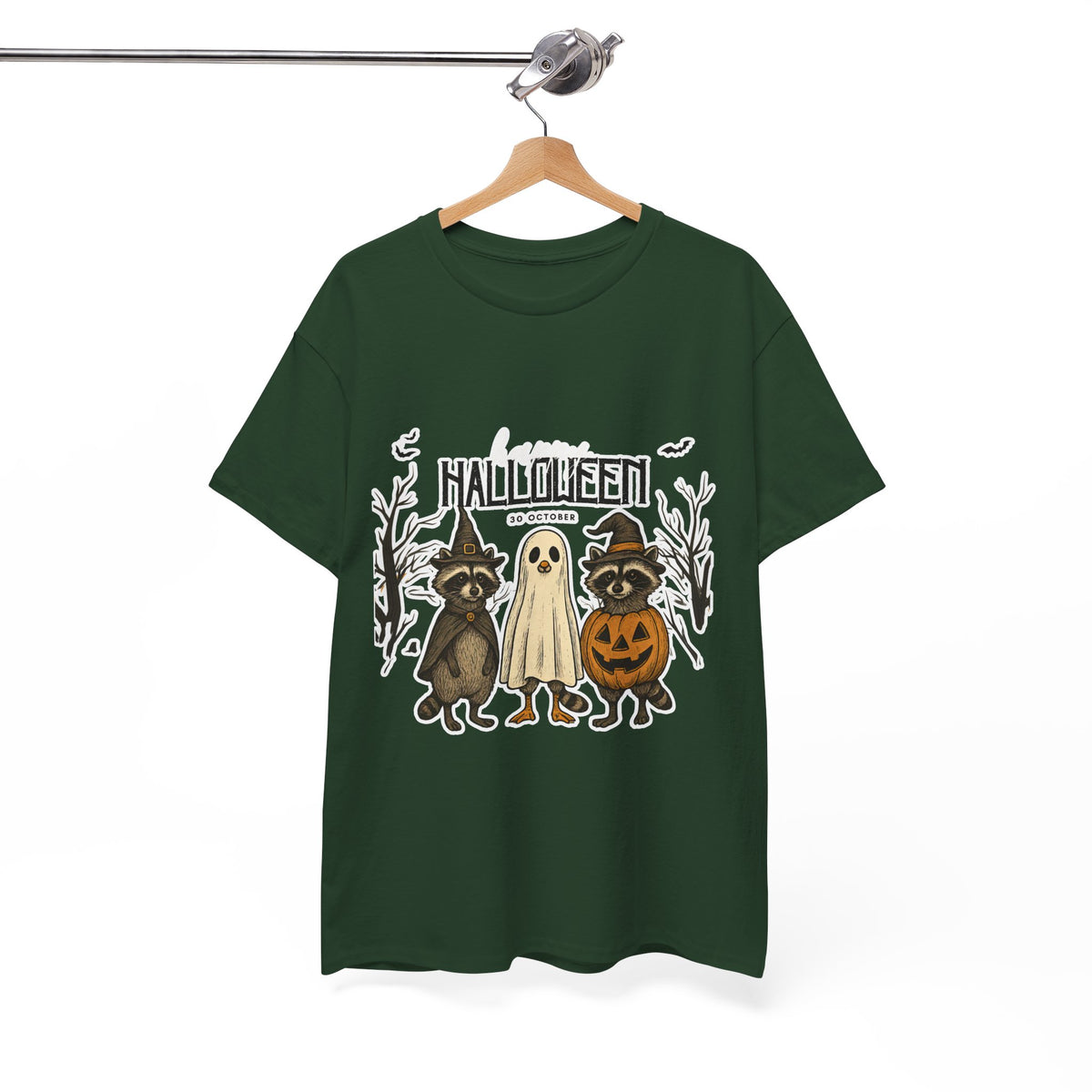 Halloween Raccoon Ghost Pumpkin T‑Shirt — Cute Spooky Costume Trio Tee