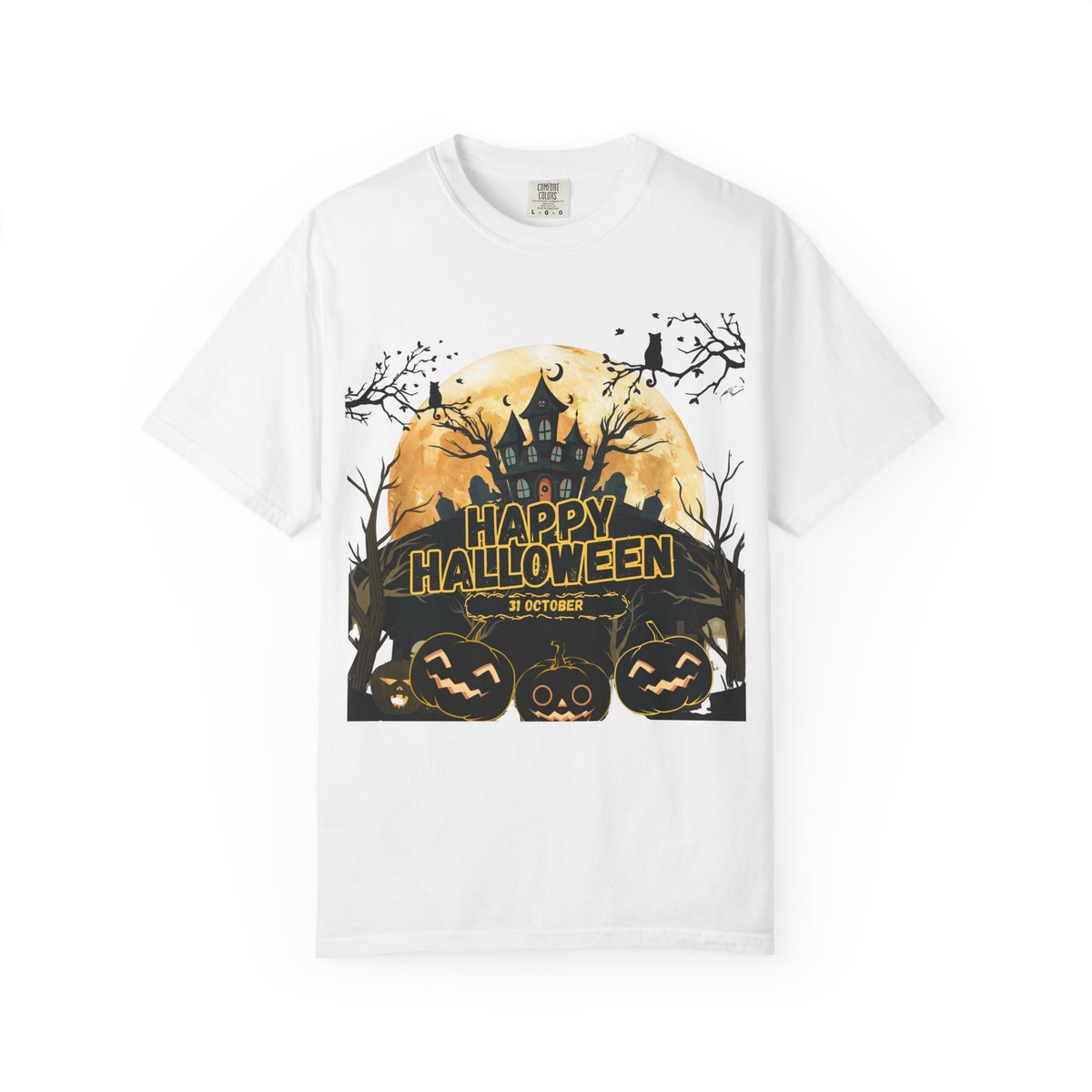 Halloween Haunted House T-Shirt — "Happy Halloween" Pumpkin Graphic Tee