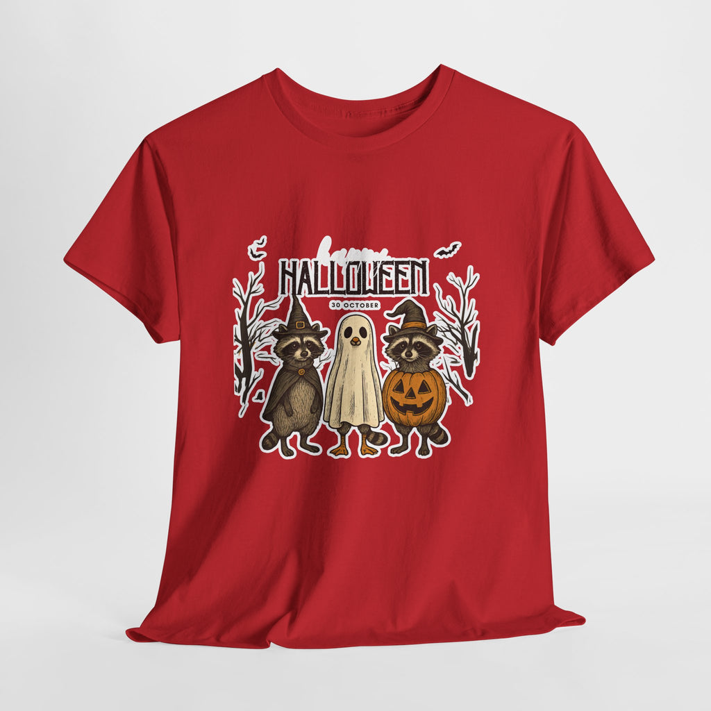 Halloween Raccoon Ghost Pumpkin T‑Shirt — Cute Spooky Costume Trio Tee