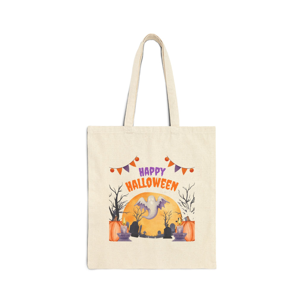 Halloween Tote Bag — "Happy Halloween" Ghost Pumpkin Canvas Tote