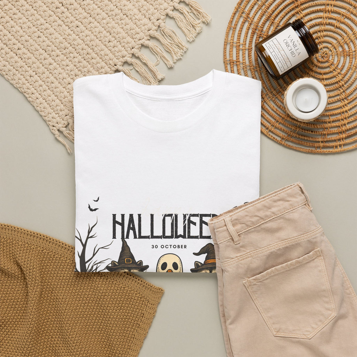 Halloween Raccoon Ghost Pumpkin T‑Shirt — Cute Spooky Costume Trio Tee
