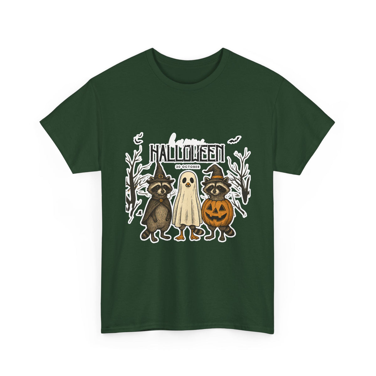 Halloween Raccoon Ghost Pumpkin T‑Shirt — Cute Spooky Costume Trio Tee
