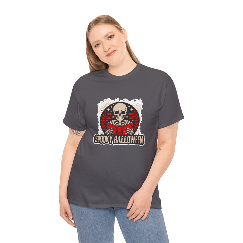 Spooky Halloween Skull Tee — Vintage Skeleton Reading Book Halloween T-Shirt