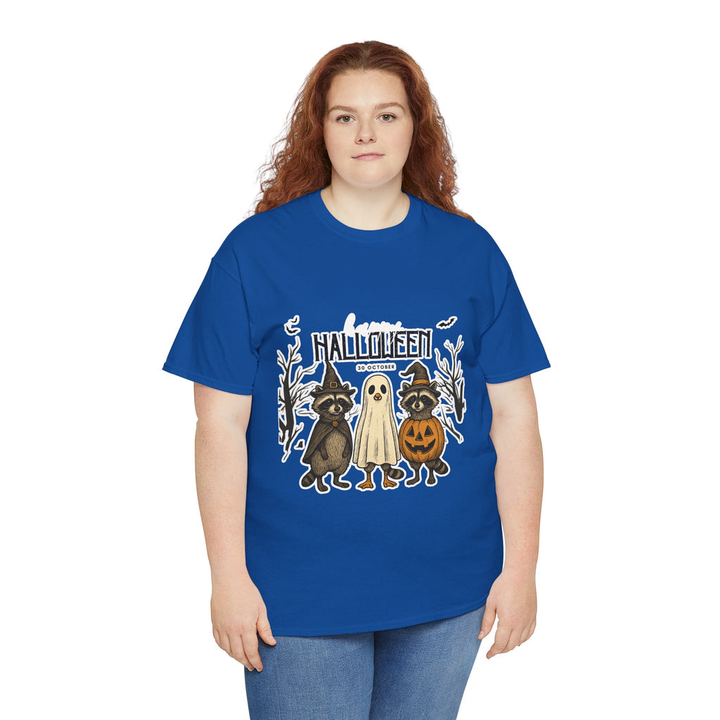 Halloween Raccoon Ghost Pumpkin T‑Shirt — Cute Spooky Costume Trio Tee