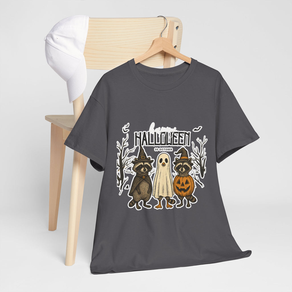 Halloween Raccoon Ghost Pumpkin T‑Shirt — Cute Spooky Costume Trio Tee