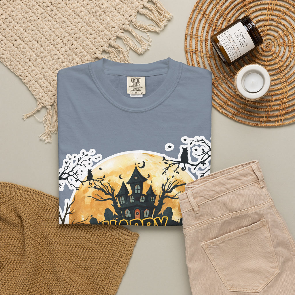 Halloween Haunted House T-Shirt — "Happy Halloween" Pumpkin Graphic Tee