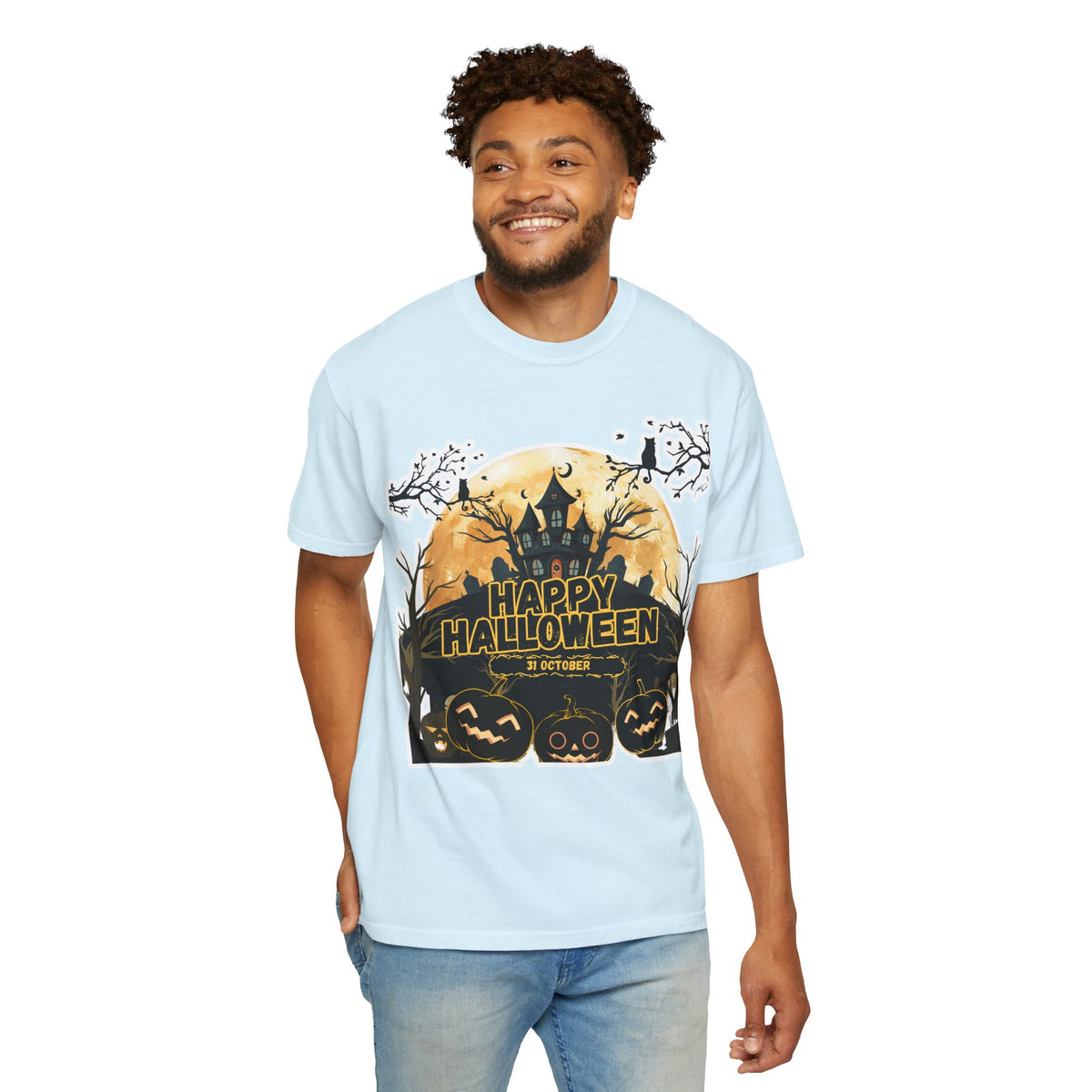 Halloween Haunted House T-Shirt — "Happy Halloween" Pumpkin Graphic Tee