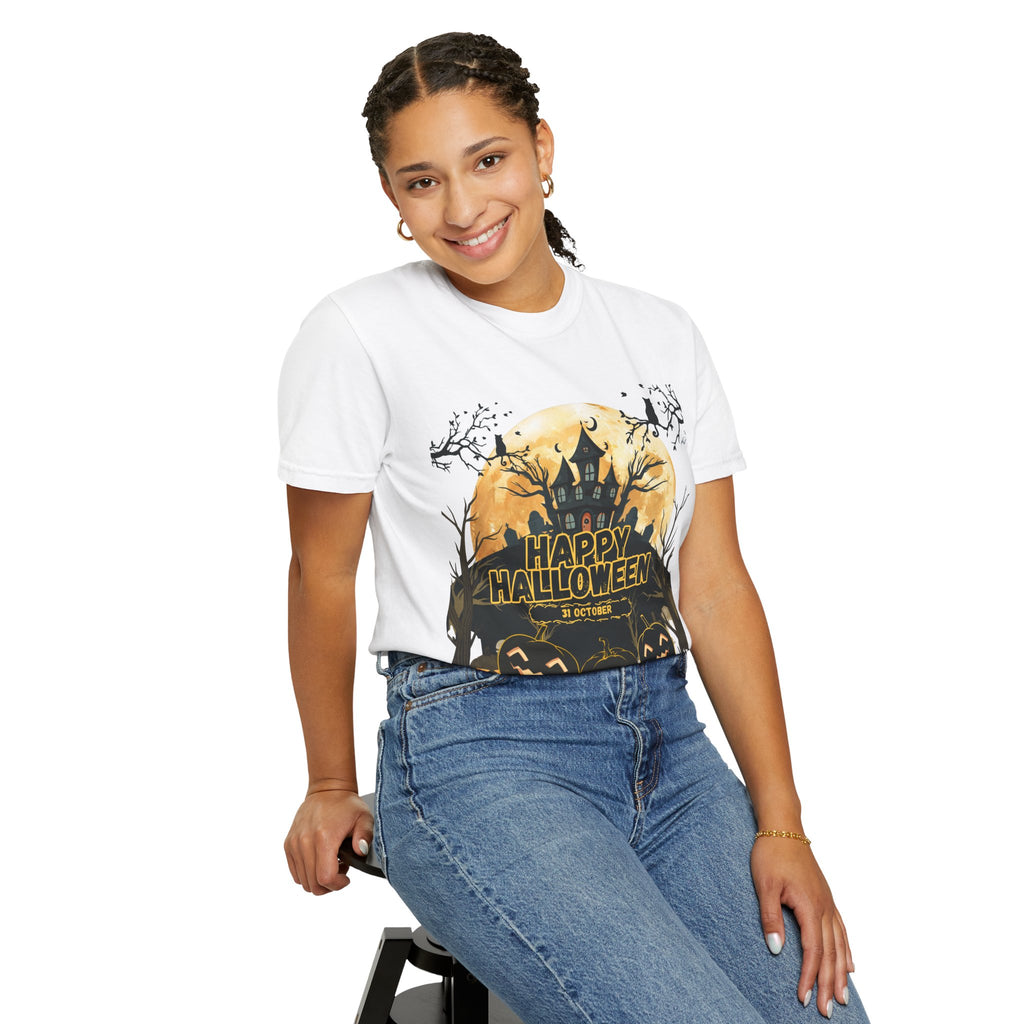 Halloween Haunted House T-Shirt — "Happy Halloween" Pumpkin Graphic Tee