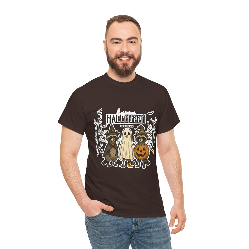 Halloween Raccoon Ghost Pumpkin T‑Shirt — Cute Spooky Costume Trio Tee