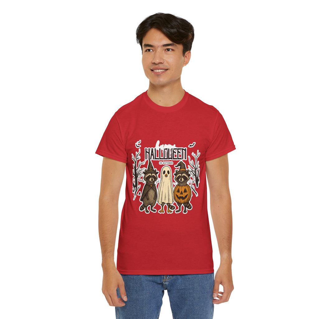 Halloween Raccoon Ghost Pumpkin T‑Shirt — Cute Spooky Costume Trio Tee