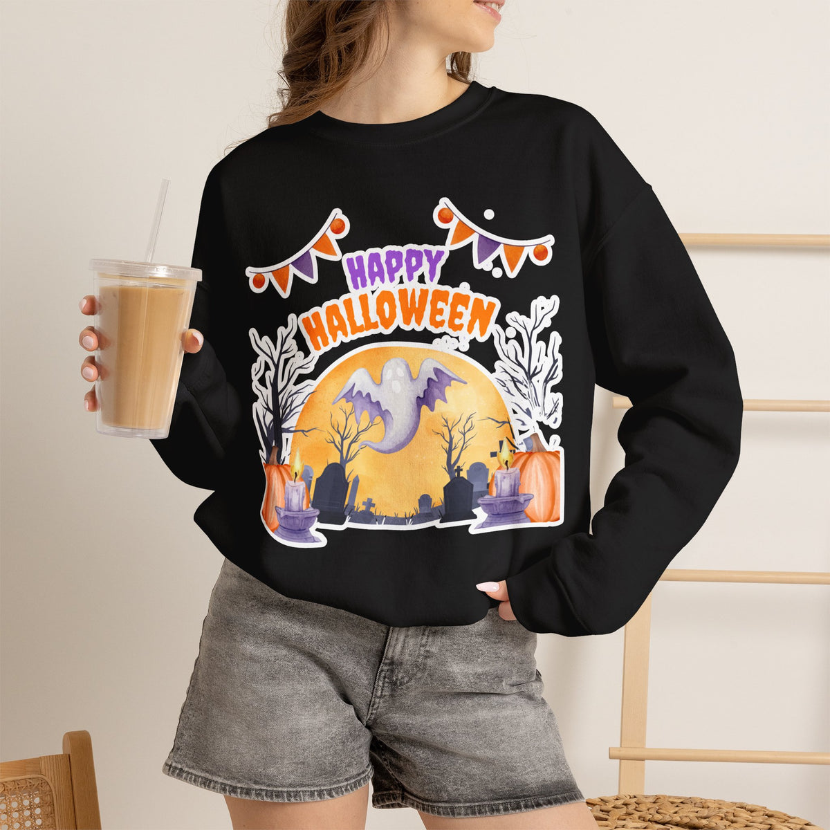 Happy Halloween Crewneck Sweatshirt — Cute Ghost Pumpkin Halloween Sweater