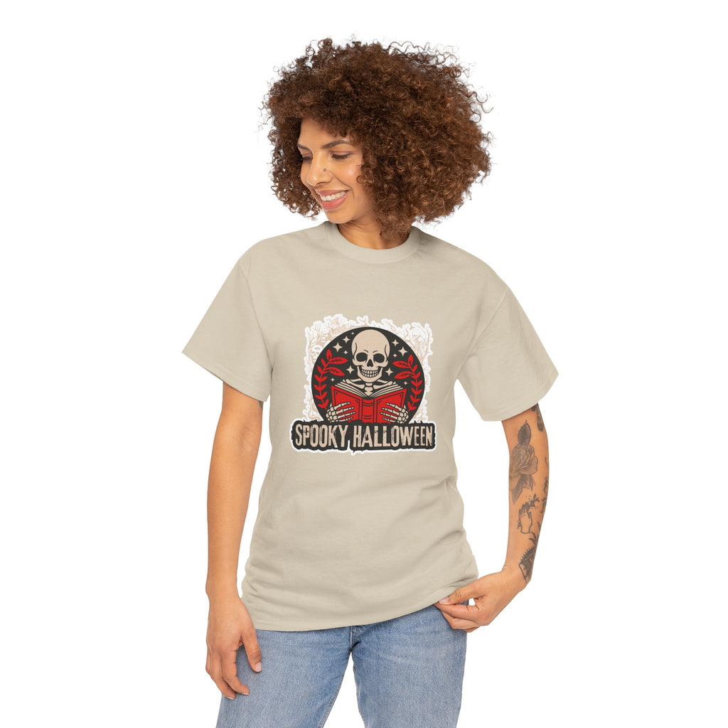 Spooky Halloween Skull Tee — Vintage Skeleton Reading Book Halloween T-Shirt