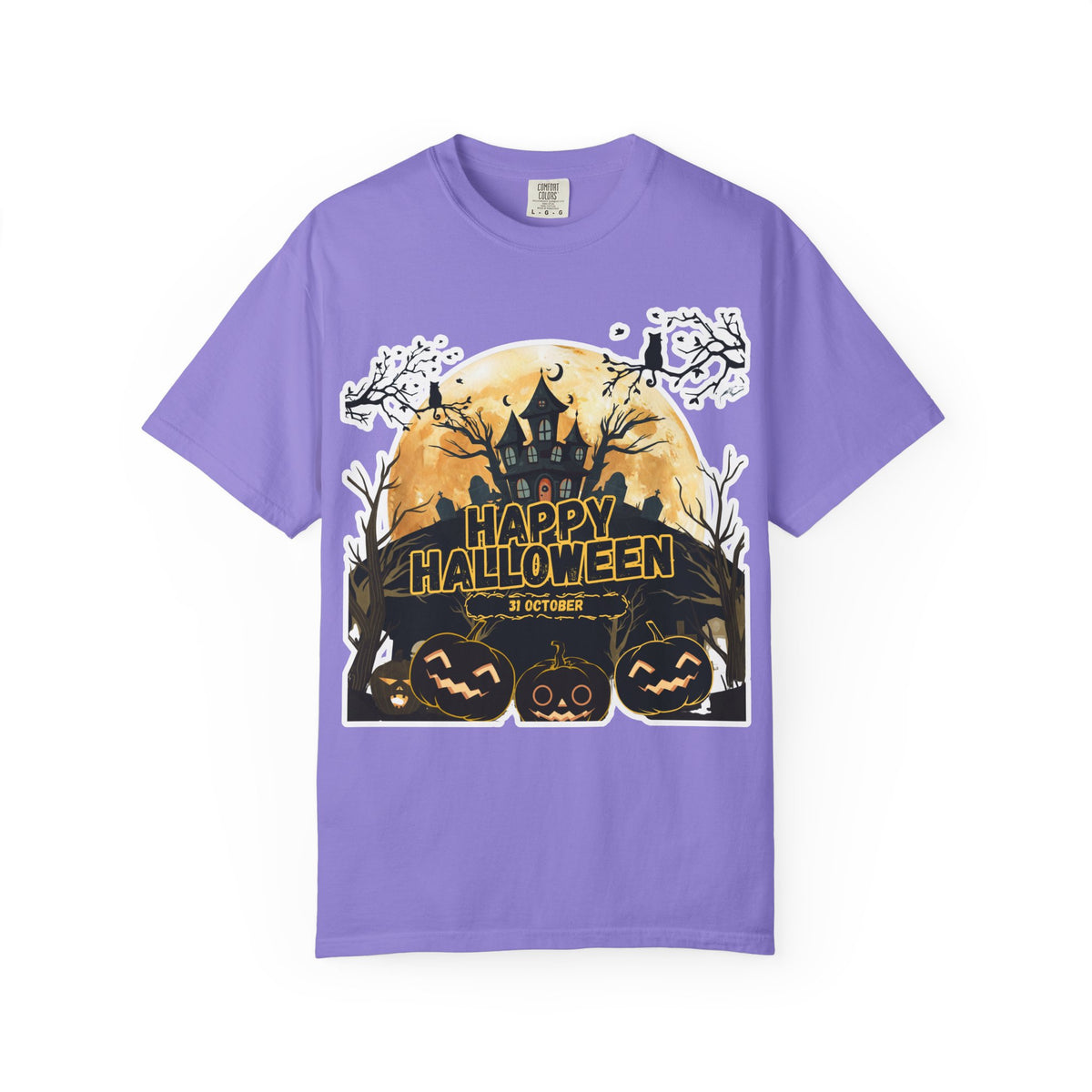 Halloween Haunted House T-Shirt — "Happy Halloween" Pumpkin Graphic Tee
