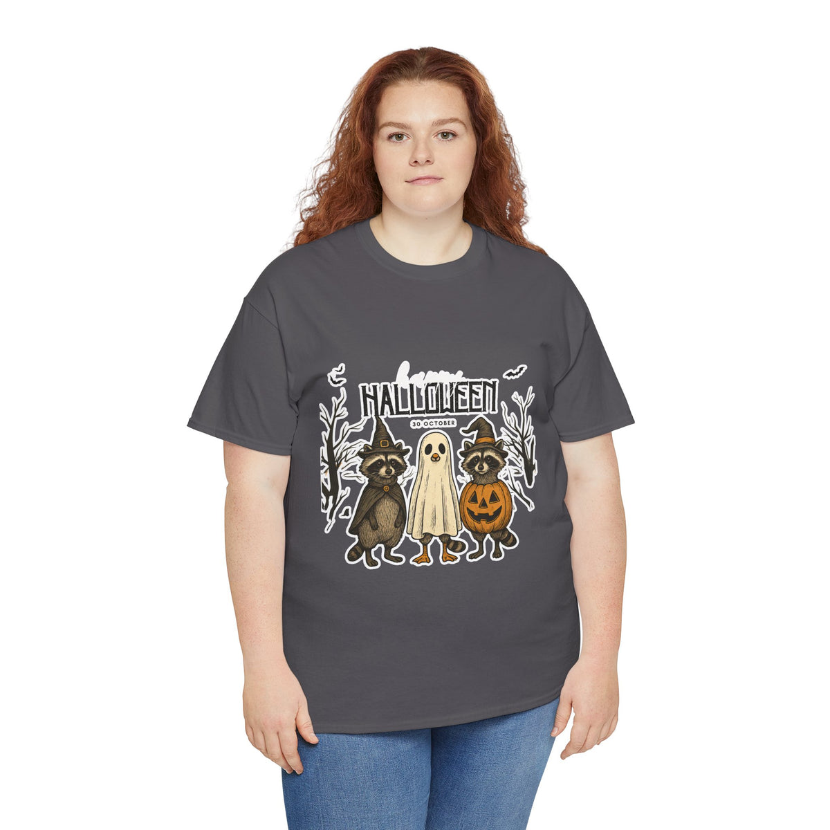 Halloween Raccoon Ghost Pumpkin T‑Shirt — Cute Spooky Costume Trio Tee