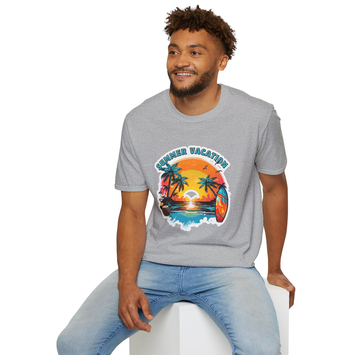Summer Vacation T-Shirt – Tropical Sunset Surf Graphic
