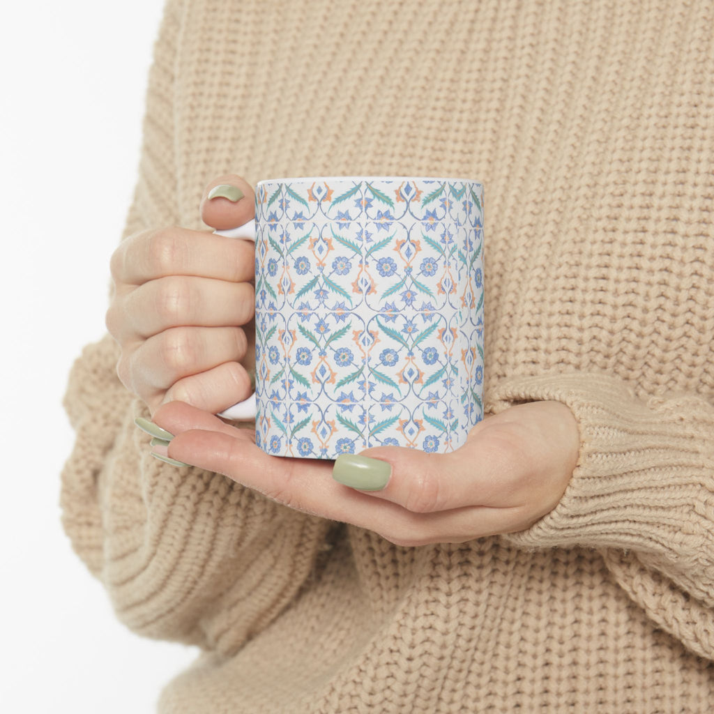 Floral Tile Pattern Ceramic Mug – Blue & Orange Decorative Coffee Cup (11oz/15oz)