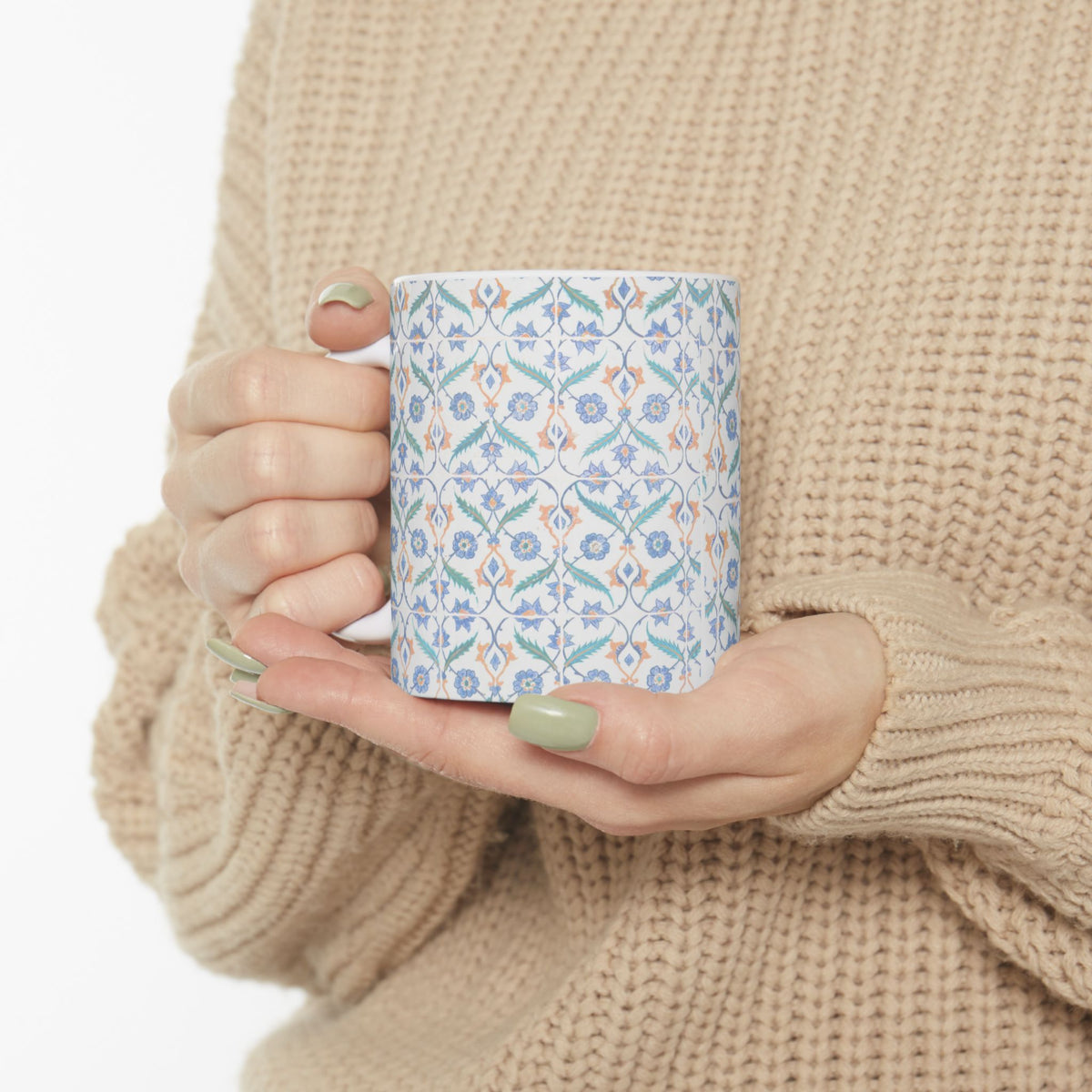 Floral Tile Pattern Ceramic Mug – Blue & Orange Decorative Coffee Cup (11oz/15oz)