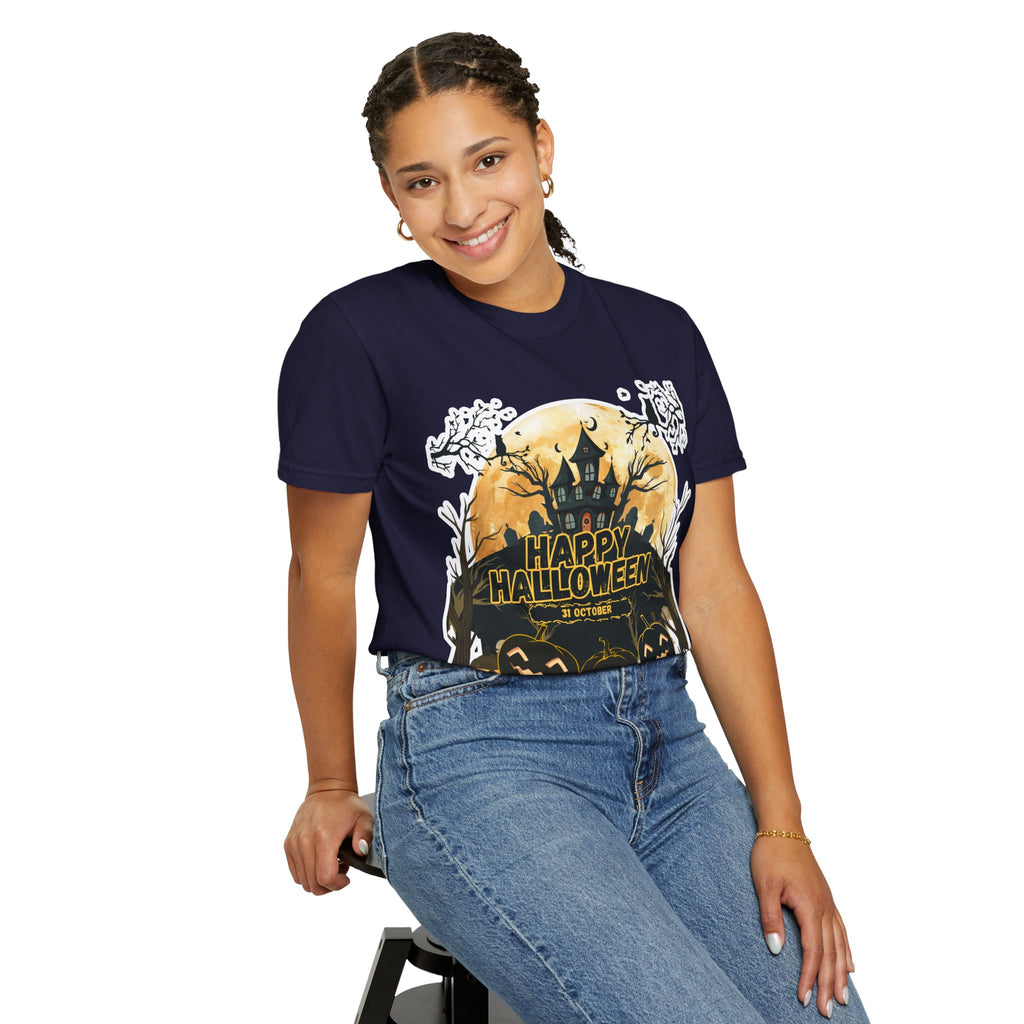 Halloween Haunted House T-Shirt — "Happy Halloween" Pumpkin Graphic Tee