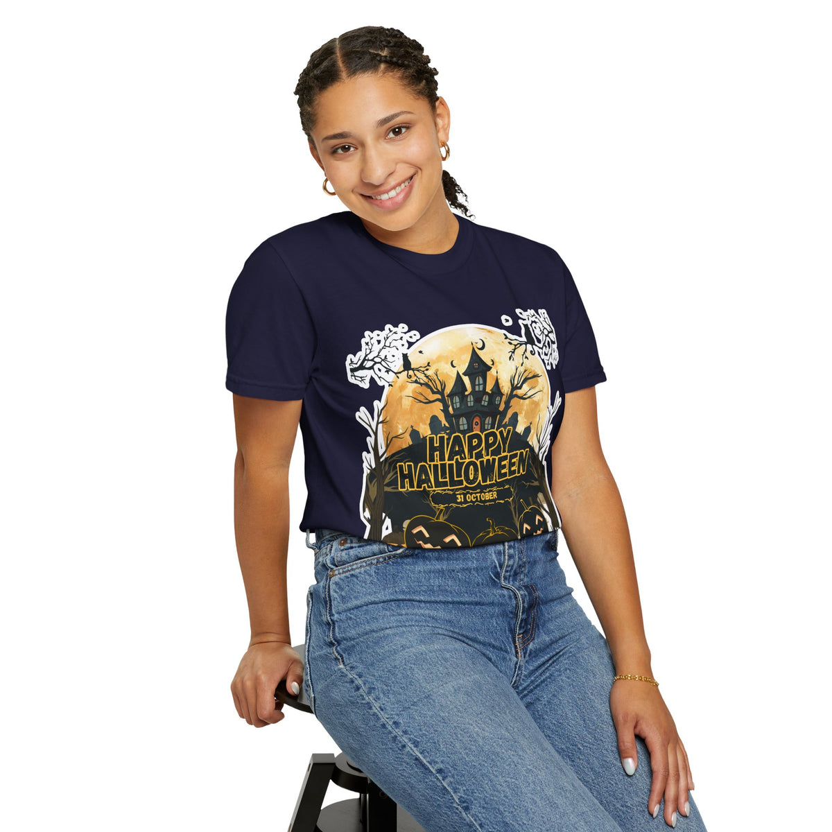 Halloween Haunted House T-Shirt — "Happy Halloween" Pumpkin Graphic Tee