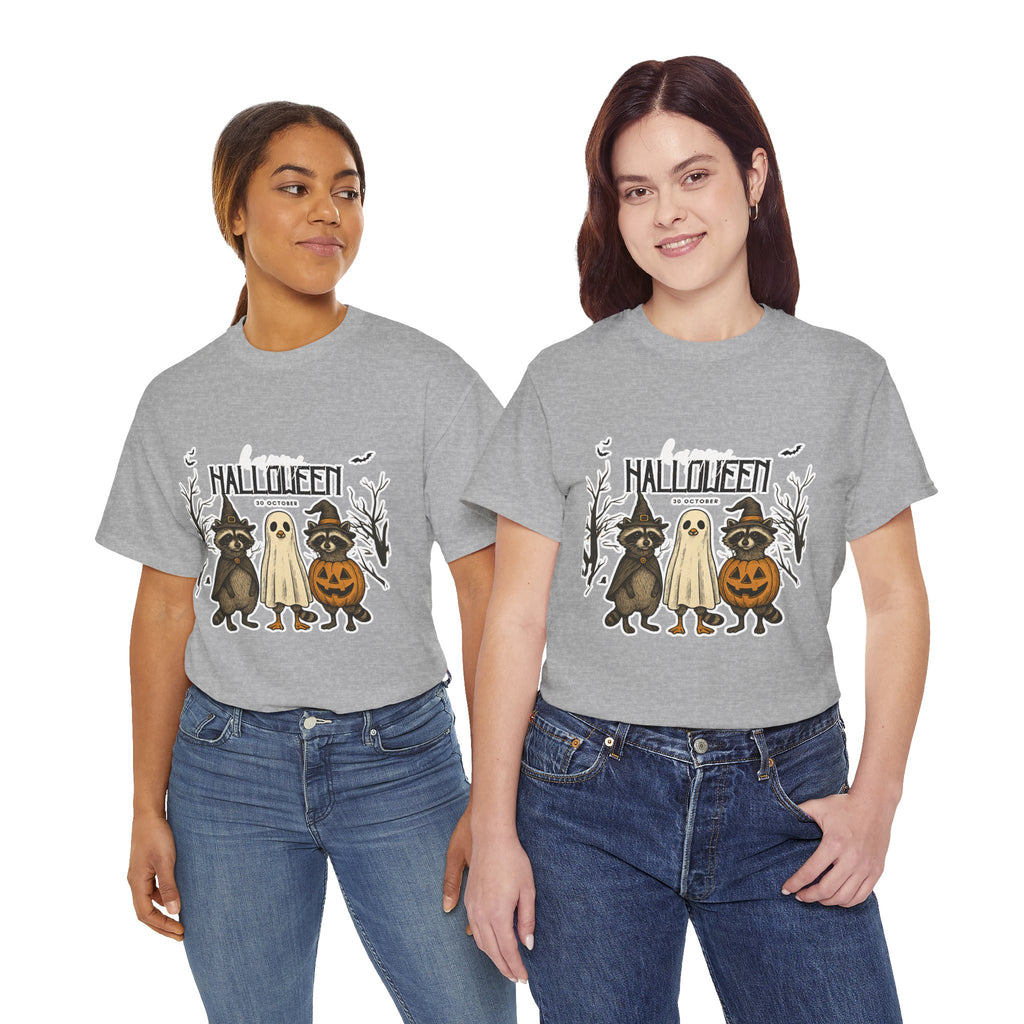 Halloween Raccoon Ghost Pumpkin T‑Shirt — Cute Spooky Costume Trio Tee