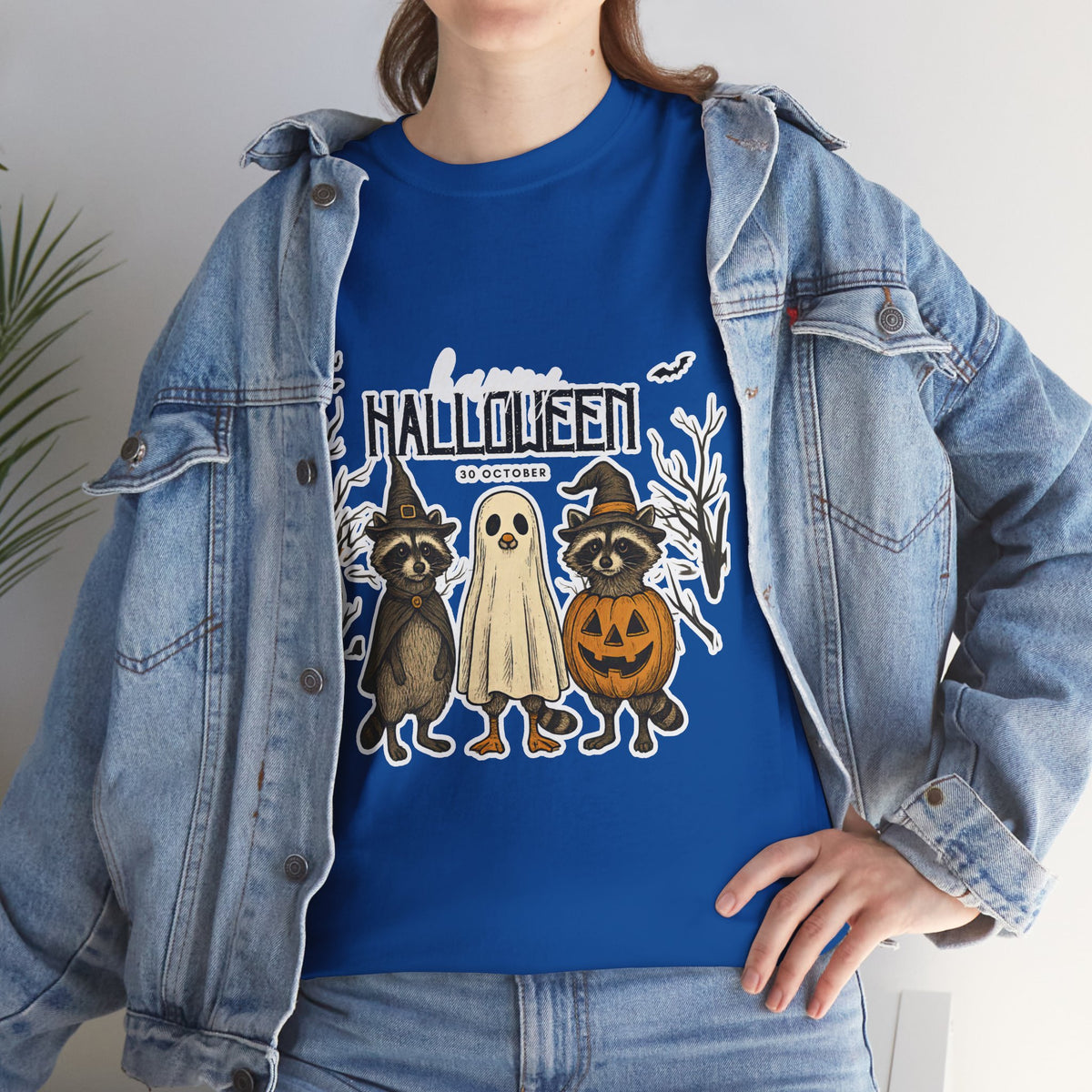 Halloween Raccoon Ghost Pumpkin T‑Shirt — Cute Spooky Costume Trio Tee