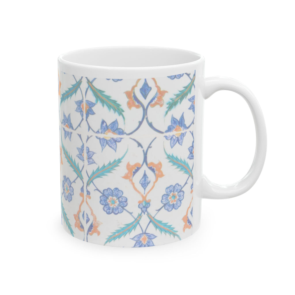 Floral Tile Pattern Ceramic Mug — Blue & Coral Botanical Design (11oz/15oz)