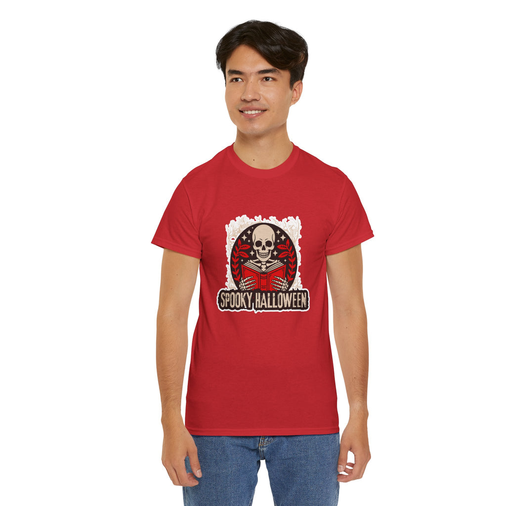 Spooky Halloween Skull Tee — Vintage Skeleton Reading Book Halloween T-Shirt