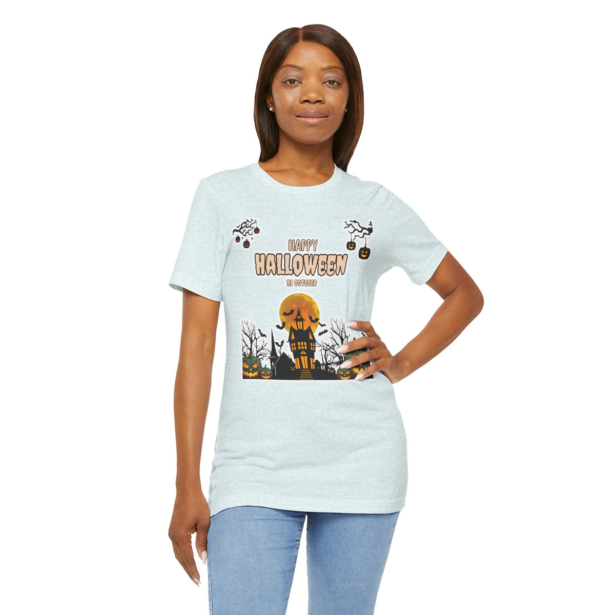 Halloween Haunted House T-Shirt — "Happy Halloween" Pumpkin Spooky Tee