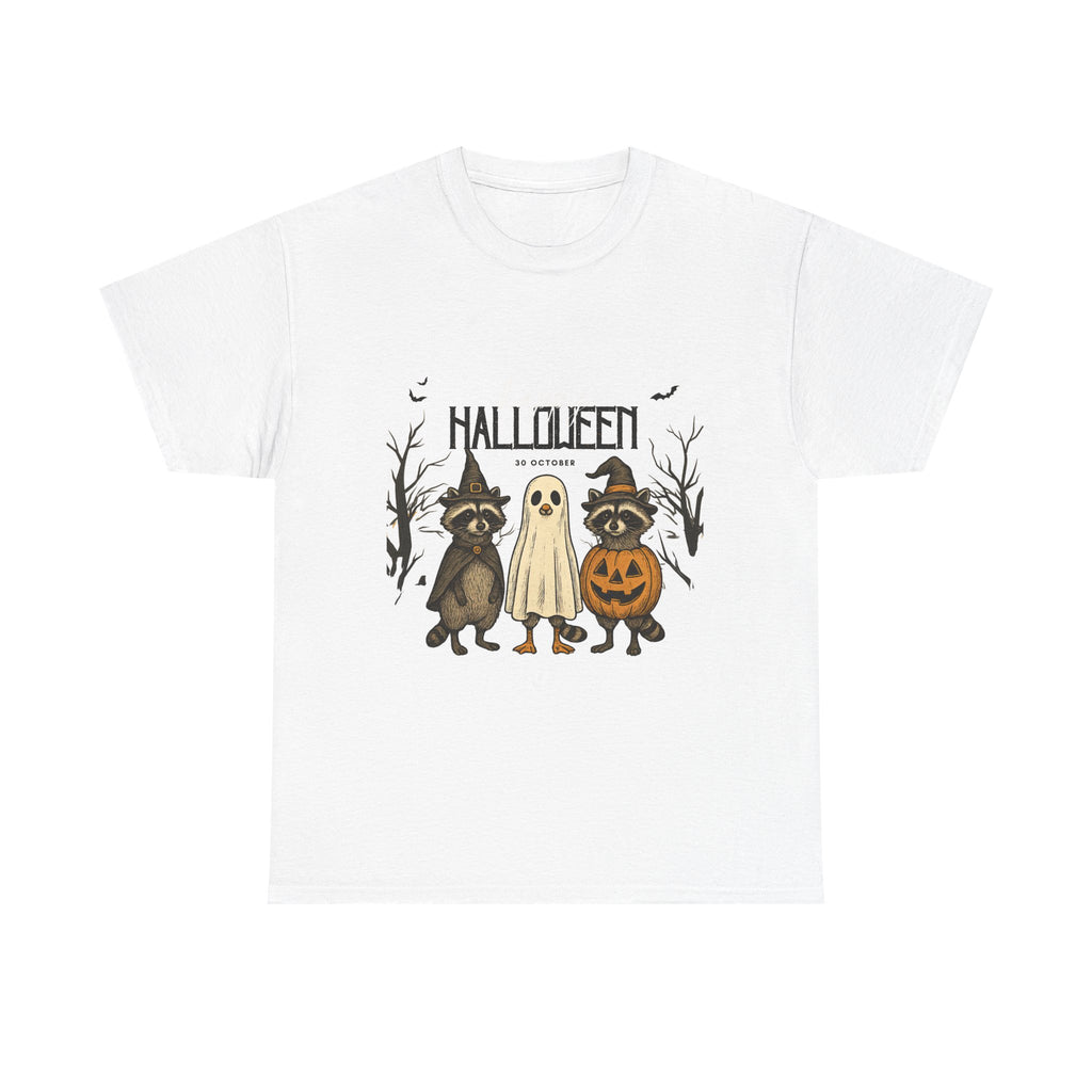 Halloween Raccoon Ghost Pumpkin T‑Shirt — Cute Spooky Costume Trio Tee