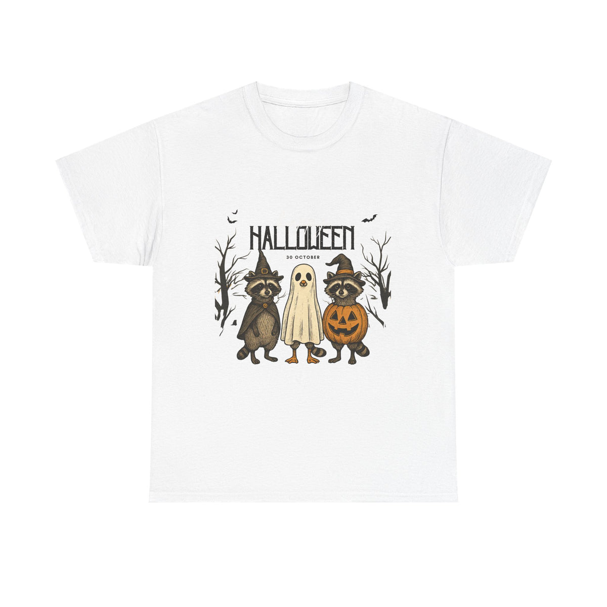 Halloween Raccoon Ghost Pumpkin T‑Shirt — Cute Spooky Costume Trio Tee