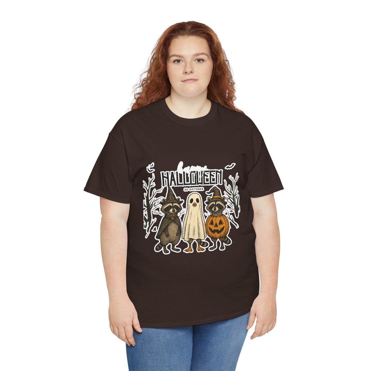 Halloween Raccoon Ghost Pumpkin T‑Shirt — Cute Spooky Costume Trio Tee