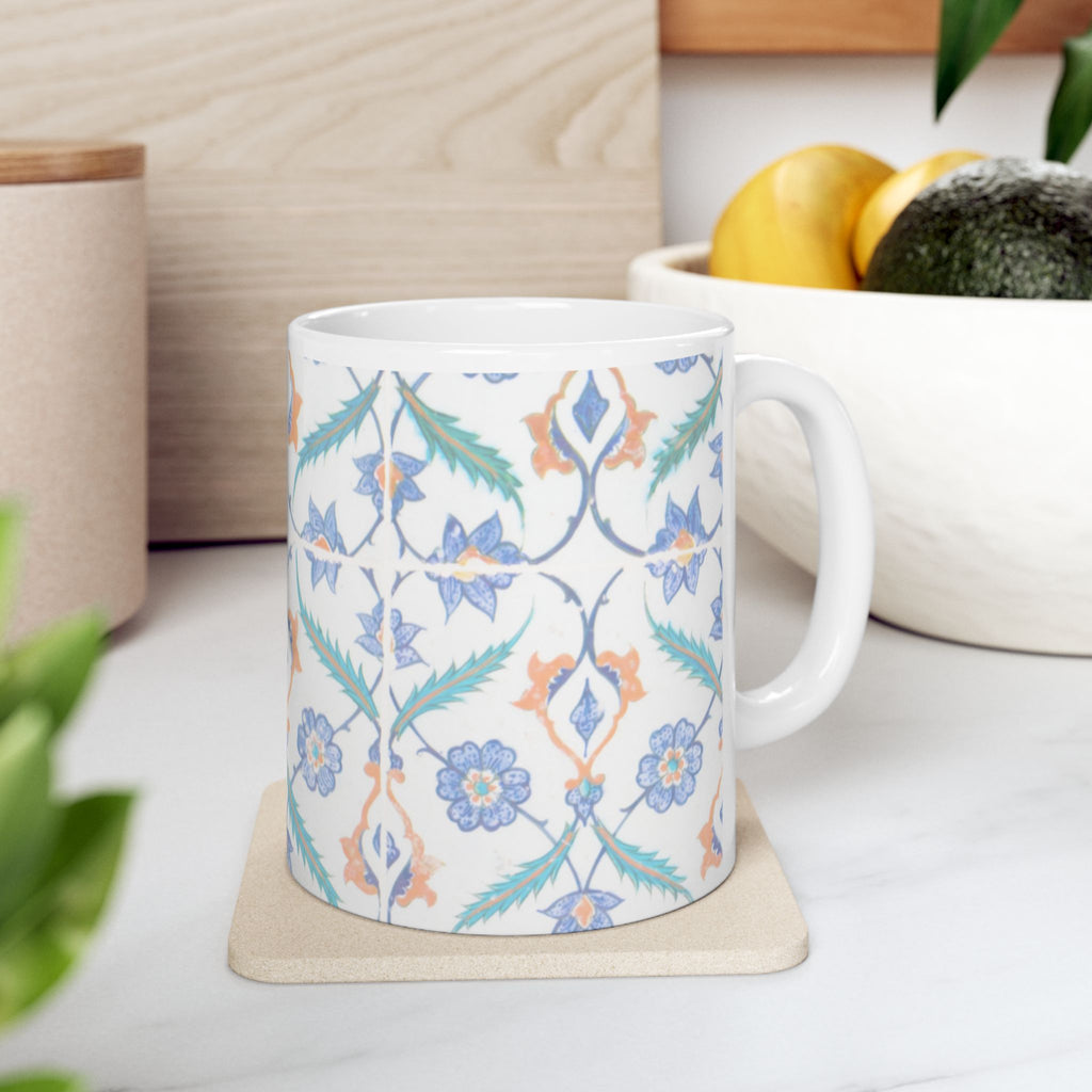 Floral Tile Pattern Ceramic Mug — Blue & Coral Botanical Design (11oz/15oz)