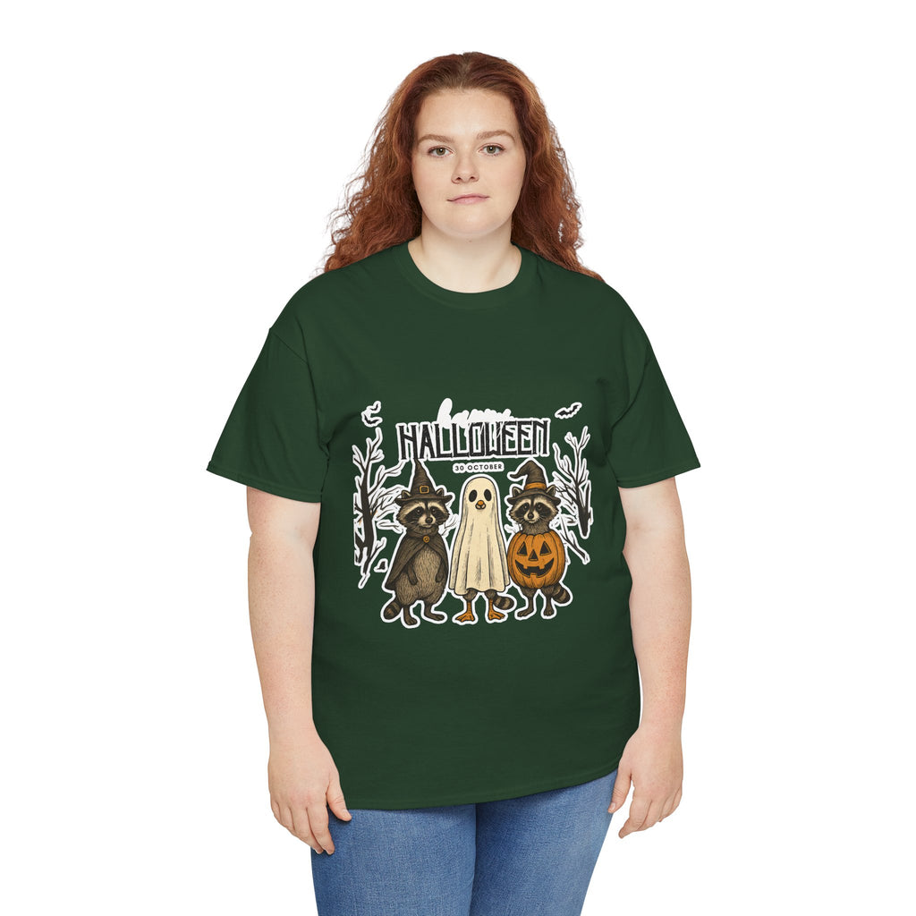 Halloween Raccoon Ghost Pumpkin T‑Shirt — Cute Spooky Costume Trio Tee